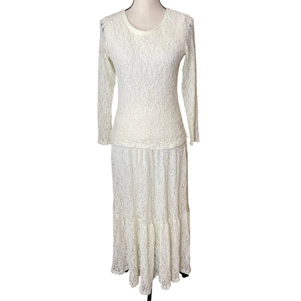 VTG Ivory Lace Tiered Maxi Skirt Set Long Sleeve Size M Prairie Romantic Bridal